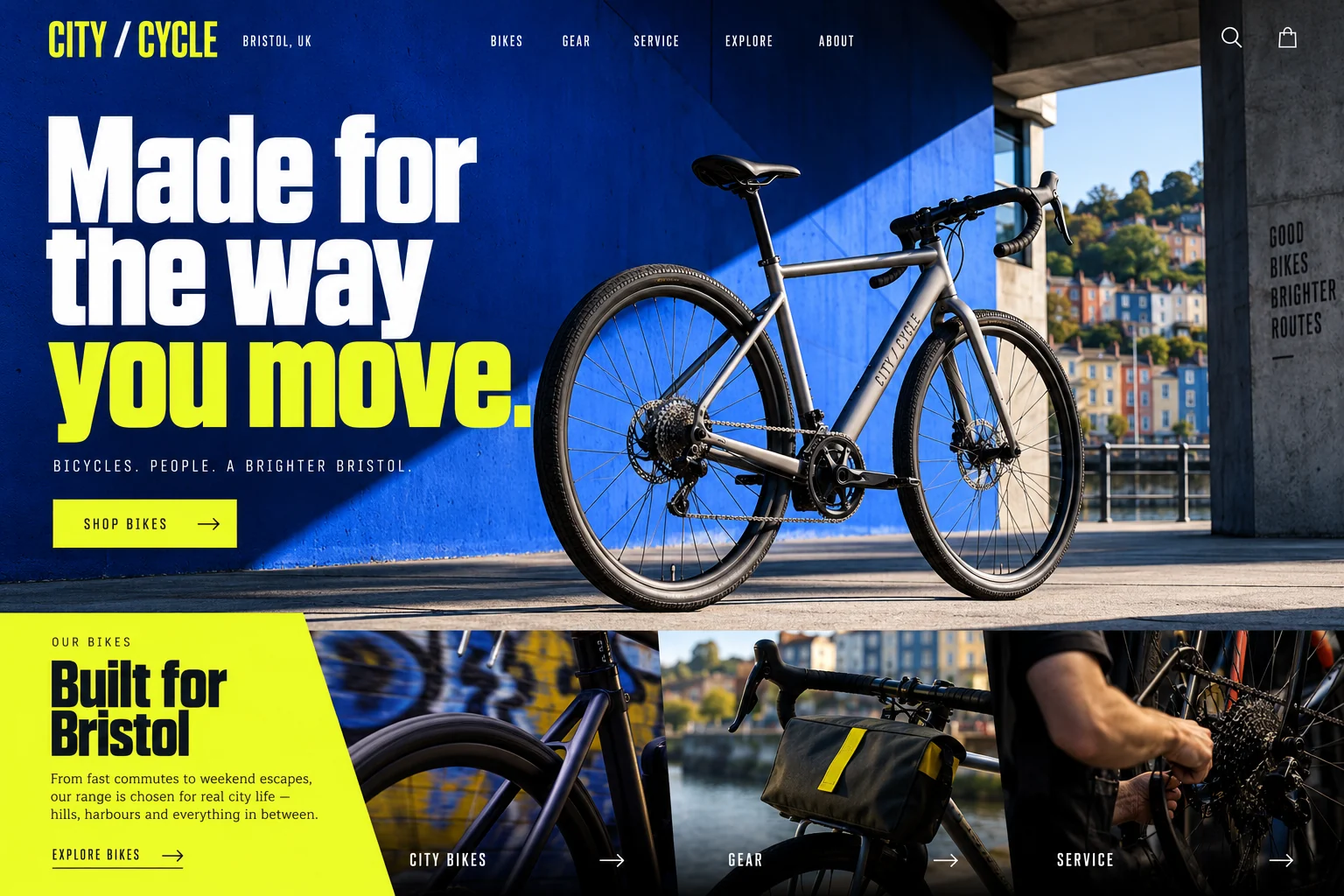 City / Cycle: bold & energetic cycle shop website design concept