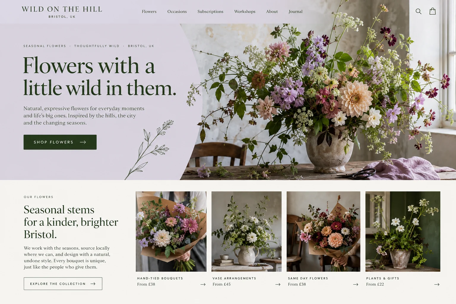 Wild on the Hill: soft & expressive florist website design concept