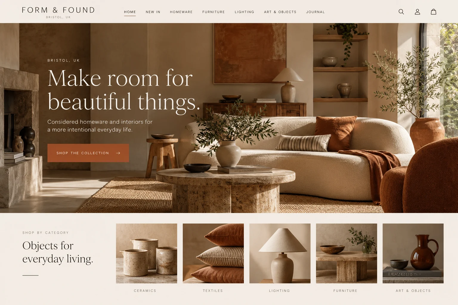Form & Found: quiet & considered homeware & interiors website design concept