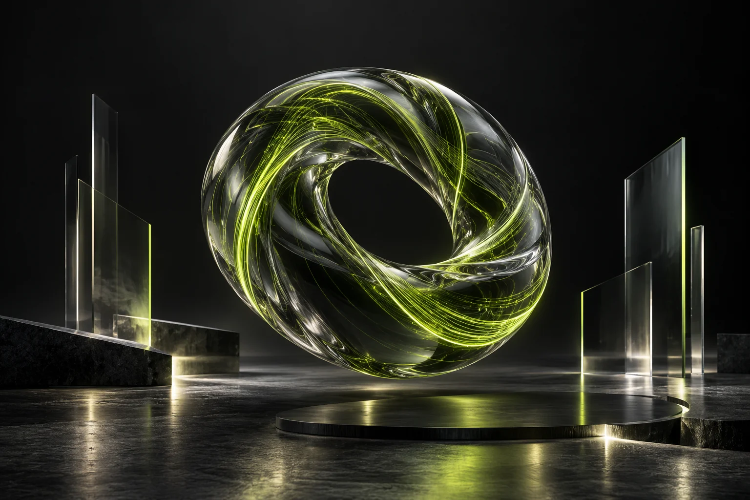 Sculptural glass ring illuminated by lime fibre-optic light